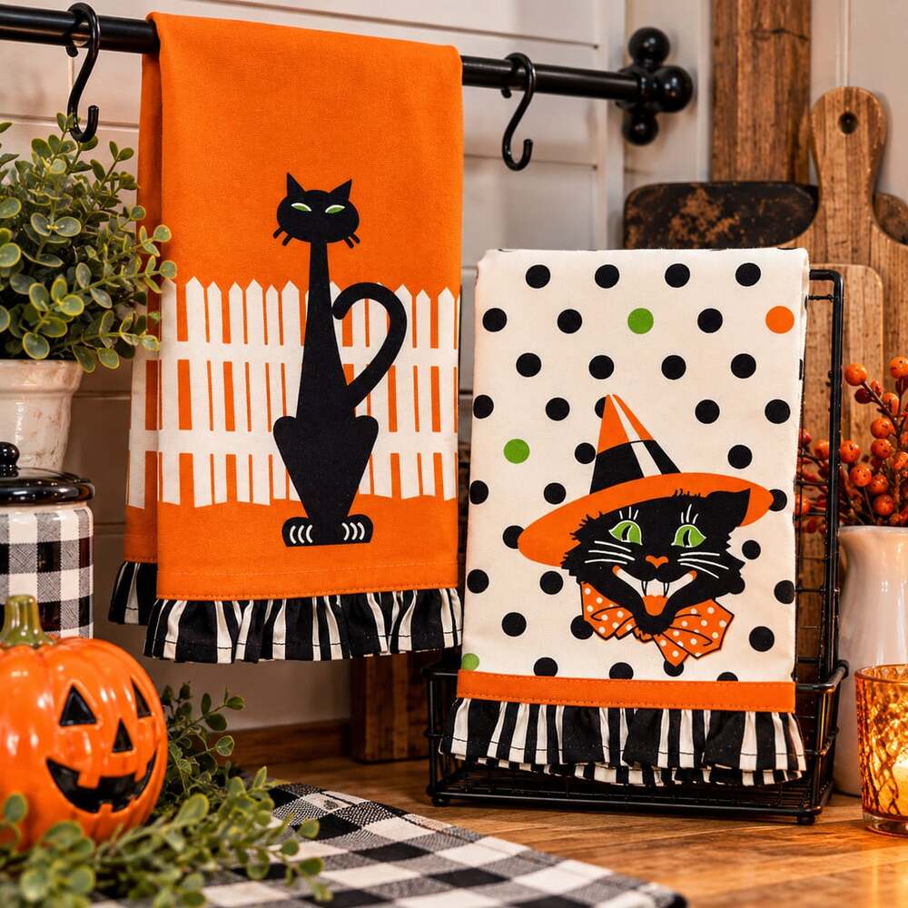 Moda Home Halloween Black Cat Witch Kitchen 27”Tea Towels Set Cats XL Retro Vtg